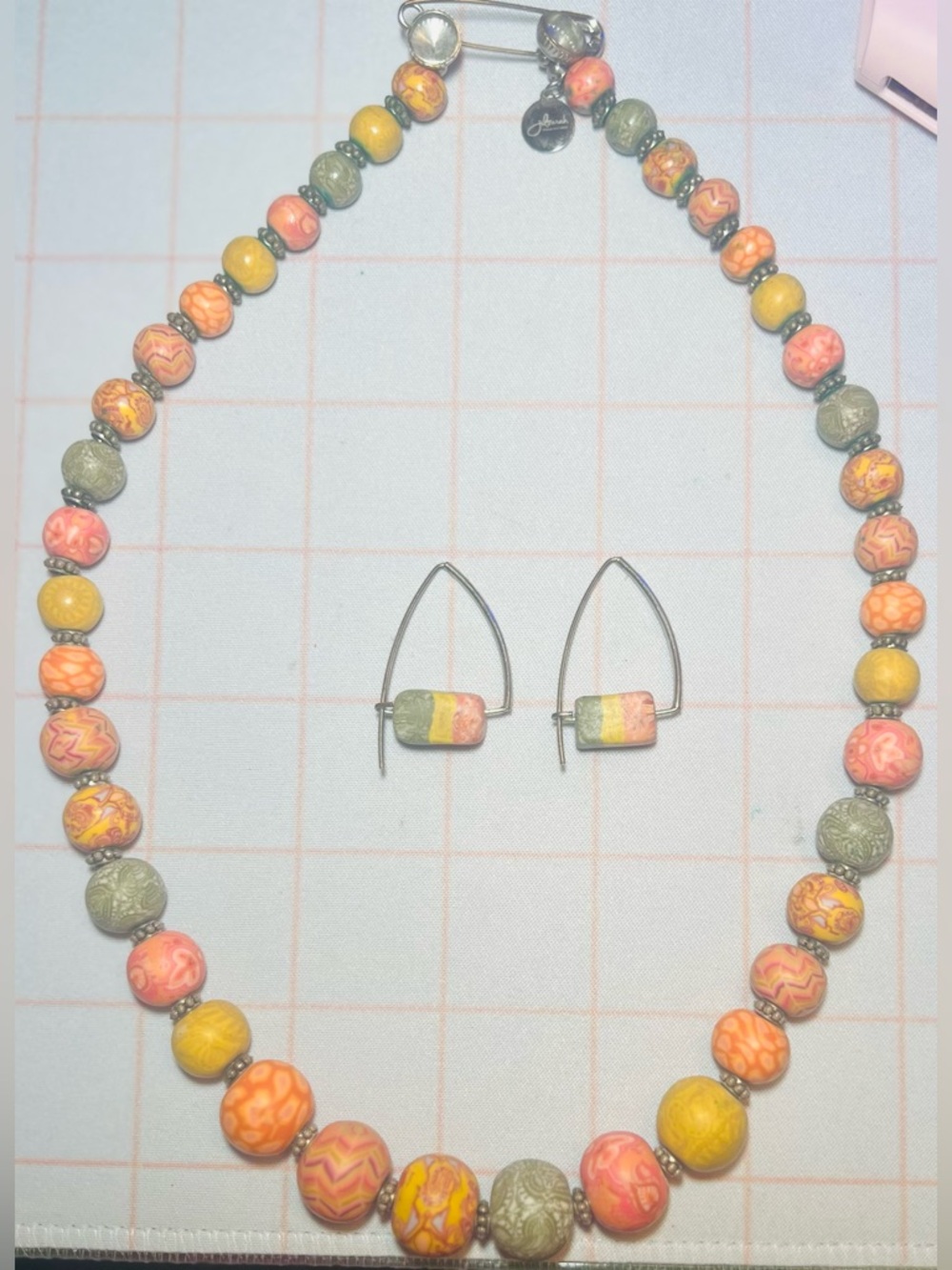 Jilzarah-Premium Clay Beaded Necklace & Earring Set – Coral, Mustard & Olive